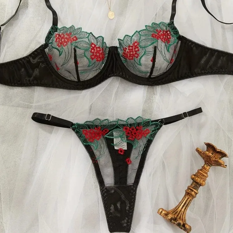 Women's Floral Embroidered Lingerie Set Two-piece Embroidered Bra Set - Black and Red Underwear Set — image 3