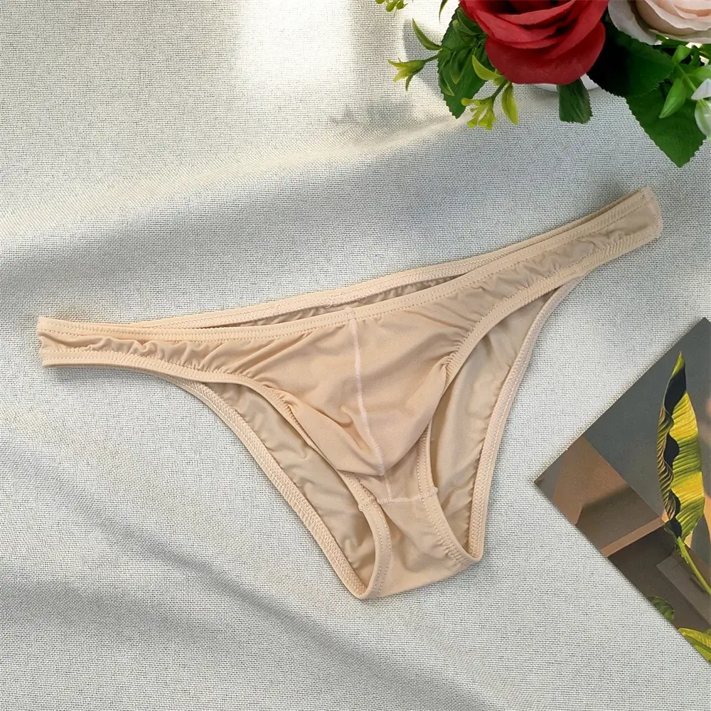 Men's Ultra-low Waist Bugle Pouch Bikini Briefs Sexy Tight Transparent Underwear Male Ice Silk Ultra-thin Underpants Plus Size