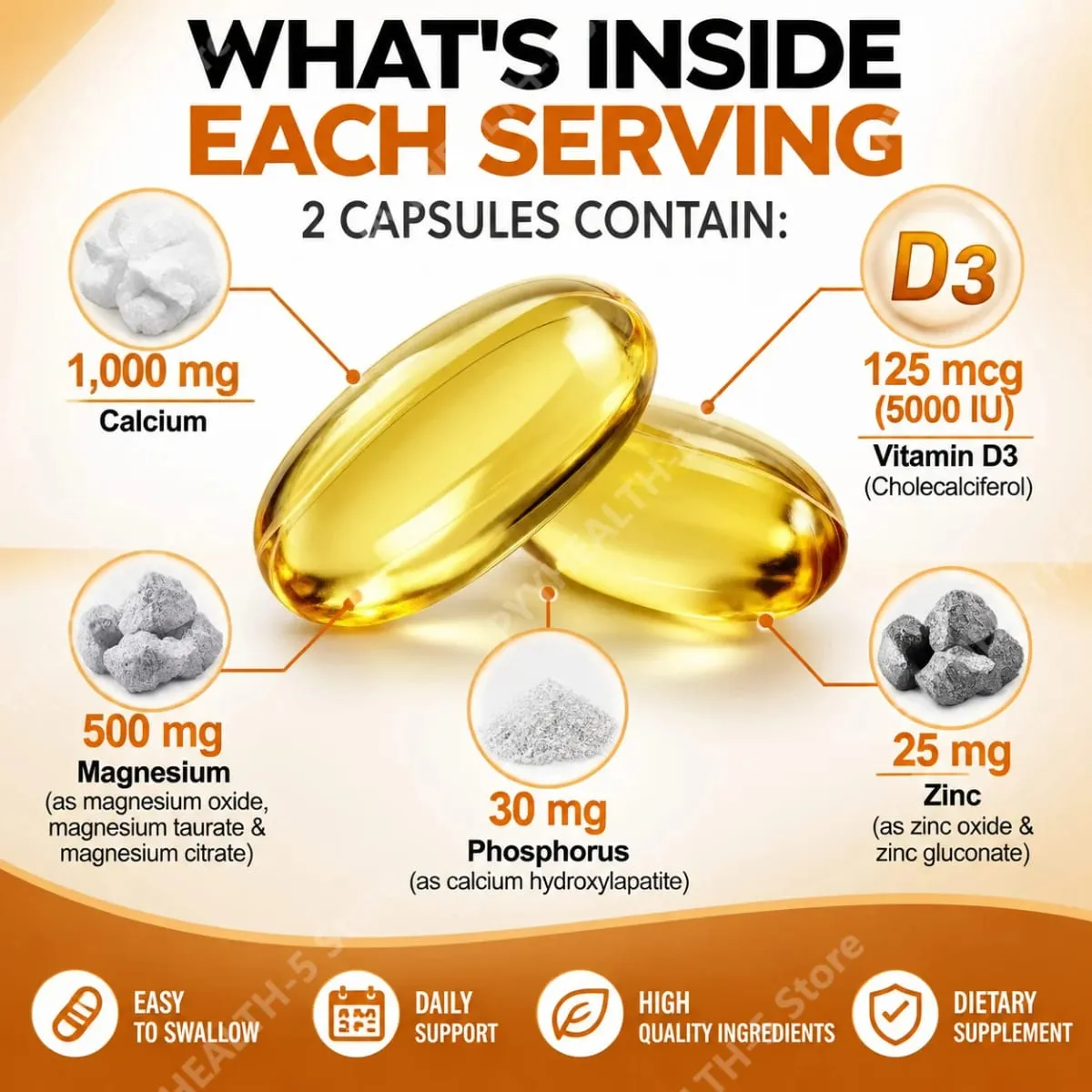 Calcium Magnesium Zinc Softgels Bone & Teeth Support Vitamin D3 Supplement Supports Muscle Health & Immune Function 120 Capsules — image 4