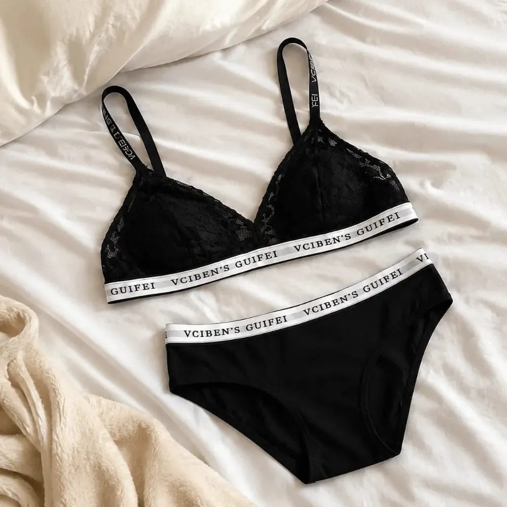 Comfortable Letter Design Lingerie Set Lace Wireless Women Underwear Suit Color Blocking Deep V Bra Panties Set Girl — image 2
