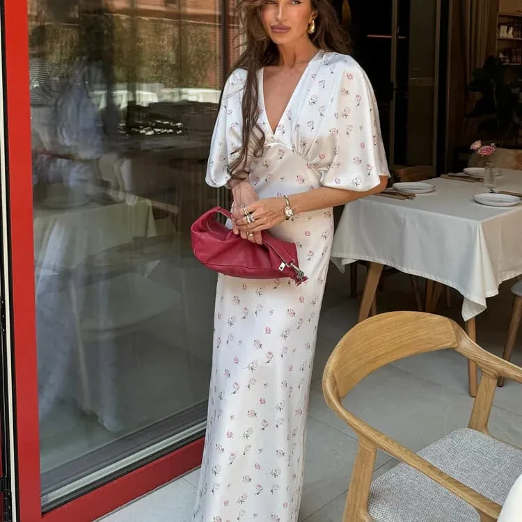 Organza Floral Printed Maxi Dress Fashion V-neck Puff Sleeve 2026 Spring/summer Romantic Women Party Gown Elegant Lady Vestidos — image 21