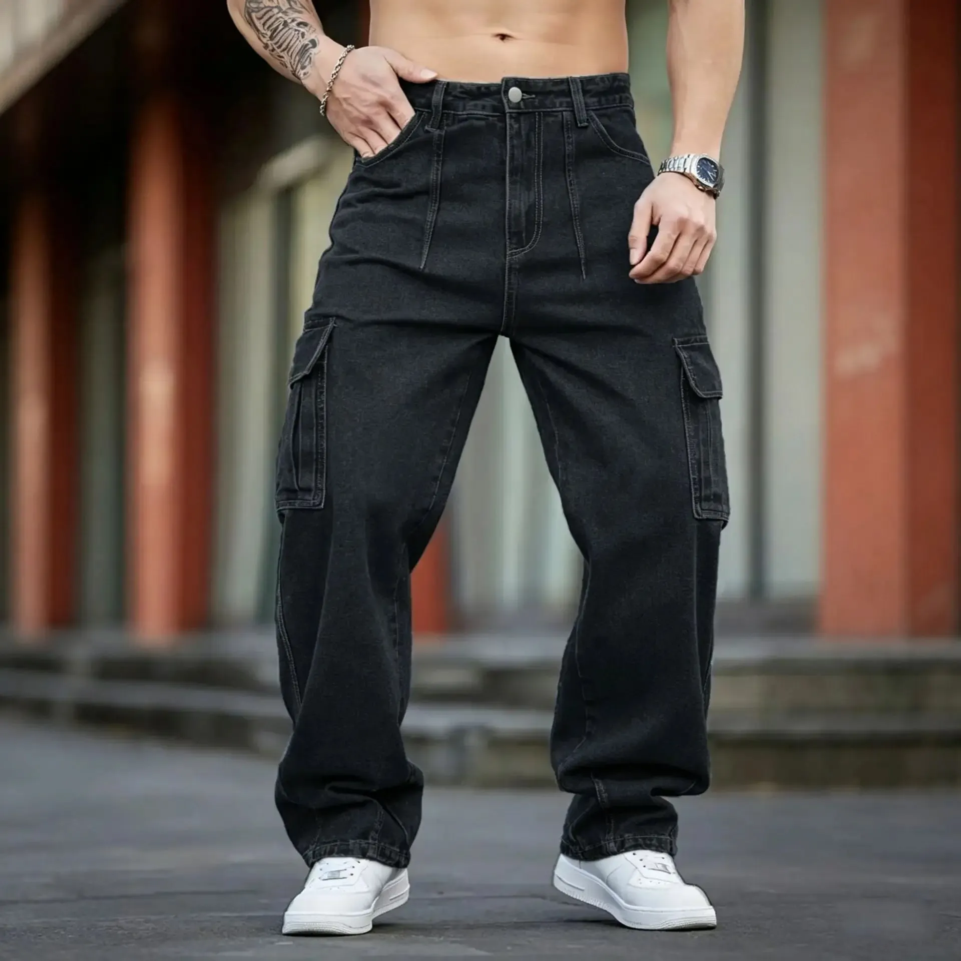 2026 New Arrival Men Cargo Jeans Multi‑Pocket Loose Wide Leg Straight Denim Pants HipHop Street Workwear Trousers