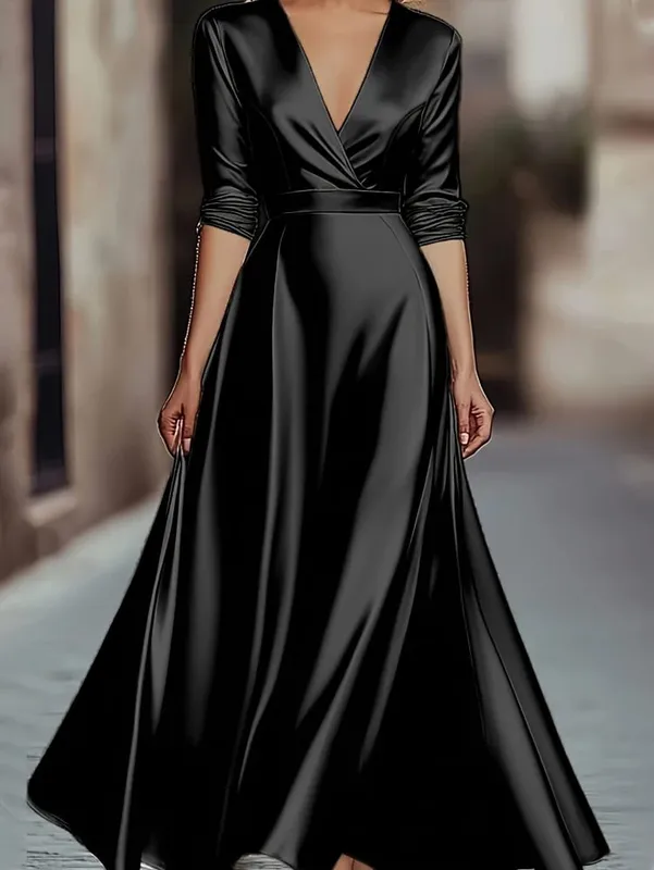 Spring/Autumn Collection: French-inspired Elegance Luxury-feel V-neck Long-sleeved Fitted Waist Dress Evening Gown for Banquets — image 4