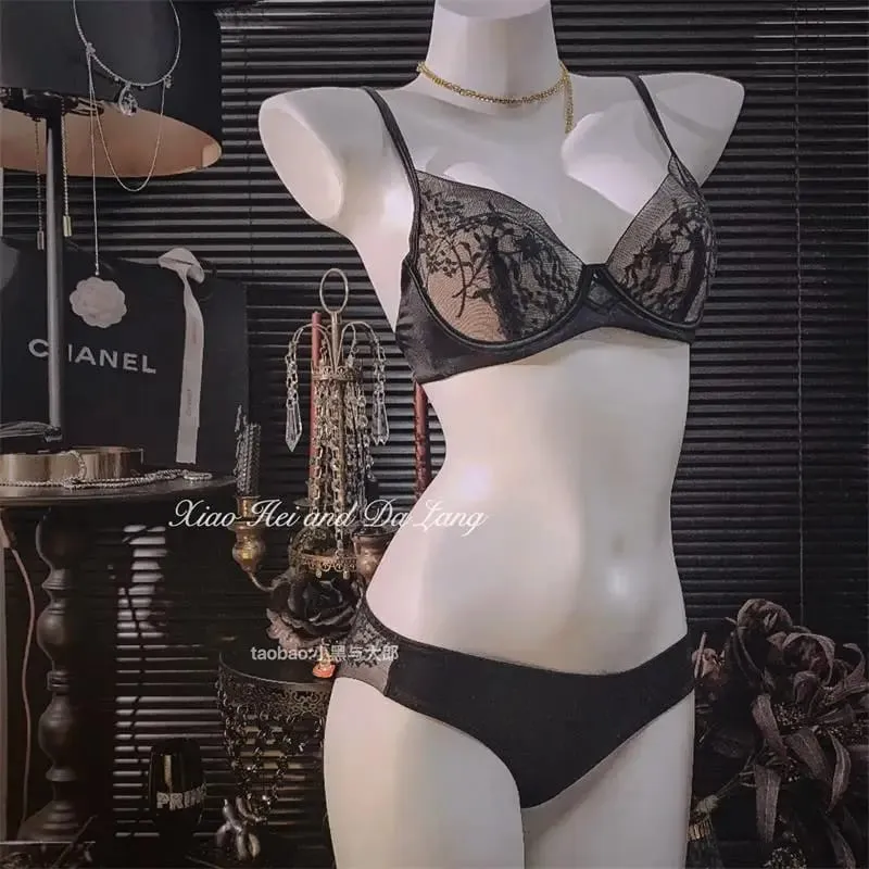 Lace Satin Lingerie Set for Summer Small Chest Gathering Soft Steel Ring Support Anti Sagging Bra Underwear Two-Piece Set — image 1