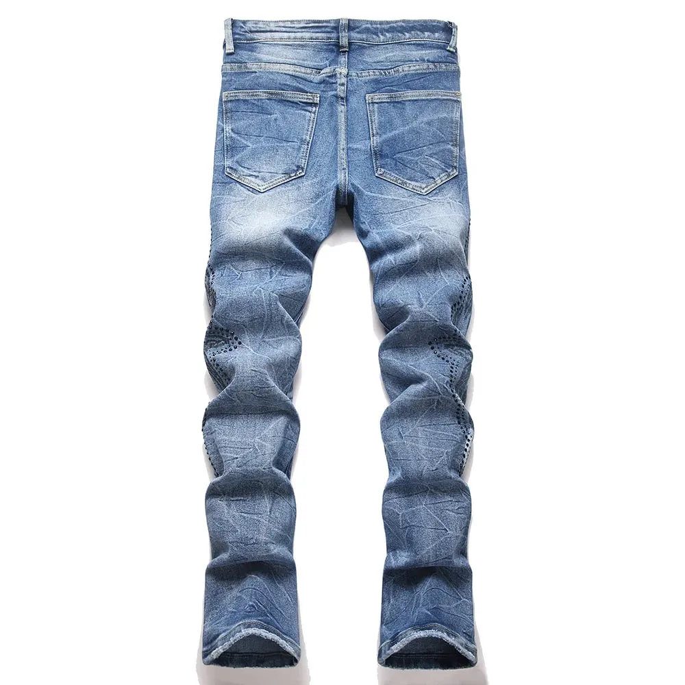 Men's Boot Cut Denim Jeans Streetwear Rivet Crystal Rhinestone Printed Pants Slim Flared Blue Stretch Trousers — image 2