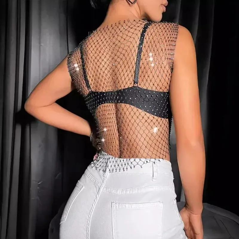 Summer Mesh See Through Vest for Women Sexy Shiny Rhinestone Fishnet Hollow Out Crop Top Beach Cover Up Party Club Tank Tops — image 4