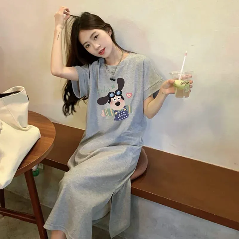 Cute Cartoon Dog Print T-Shirt Dress Women Loose Short Sleeve Split Casual Midi Dress