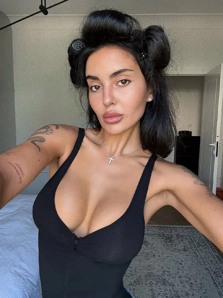 Fashion Solid Sleeveless Bodysuit For Women Elegant V-neck Zipper Slim Stretchy Tops Lady 2026 Spring Summer Chic Party Tank Top