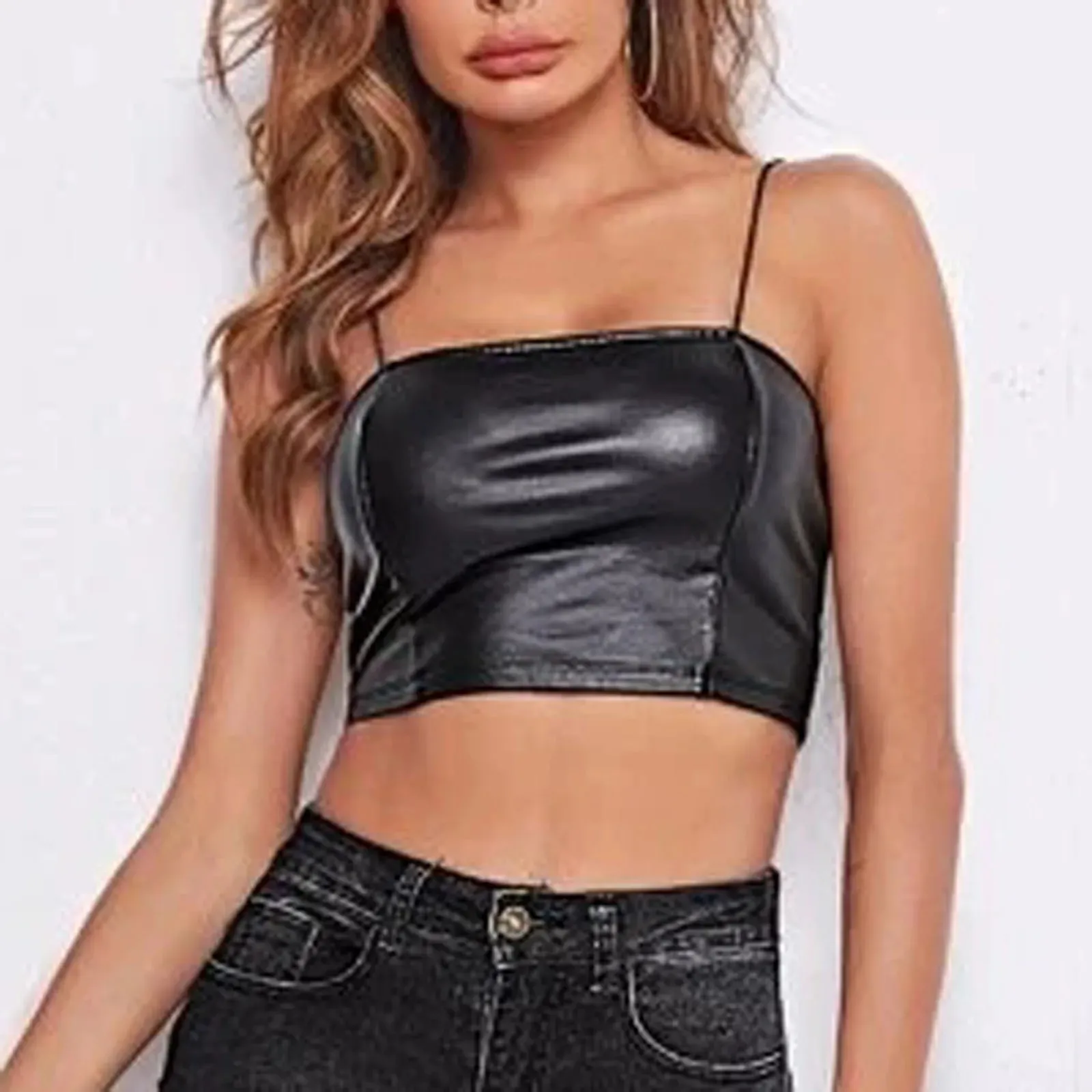 PU Lederen Tank Tops Vrouwen Sexy Zwarte Bustiers Diepe V-hals Spaghetti Corset Vest Nachtclub Cropped Tops Vrouwen Vest