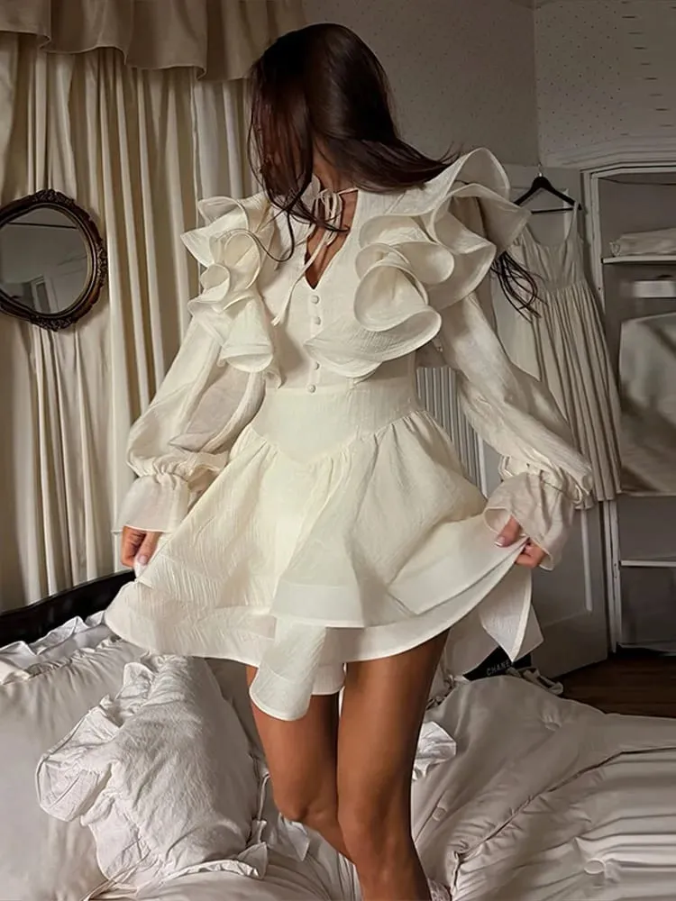 Women Solid Color Ruffle Tiered Mini Dress Long Sleeve V Neck Chiffon Fashion Dresses 2026 Summer Elegant Lady Party Chic Outfit — image 5
