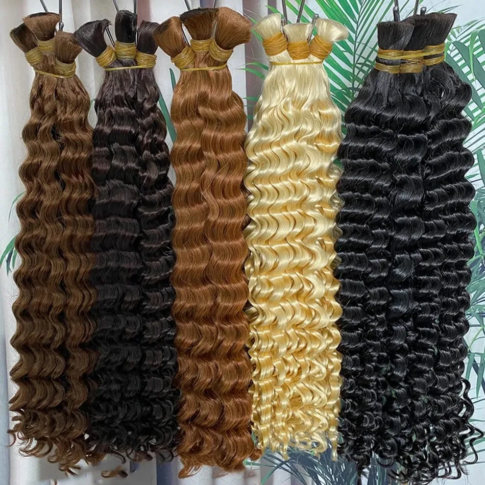 4# Chocolate Brown Deep Wave Bulk Human Hair for Boho Braids Curly Braiding Hair 18-30 inch Remy Hair Bundle Brazilian — image 3