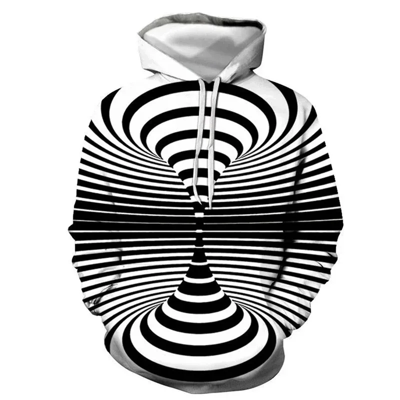 Men's Black And White Vertigo Hooded Sweatshirt 3D Printed Pattern Street Pullover Long Sleeved Sportswear For All Seasons Men
