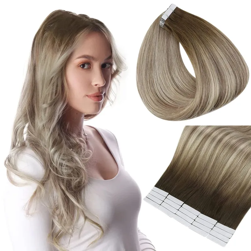 Full Shine Tape in Hair Extensions Human Hair Seamless Silky Straight Skin Weft 20Pcs 50G Add Length for Wedding