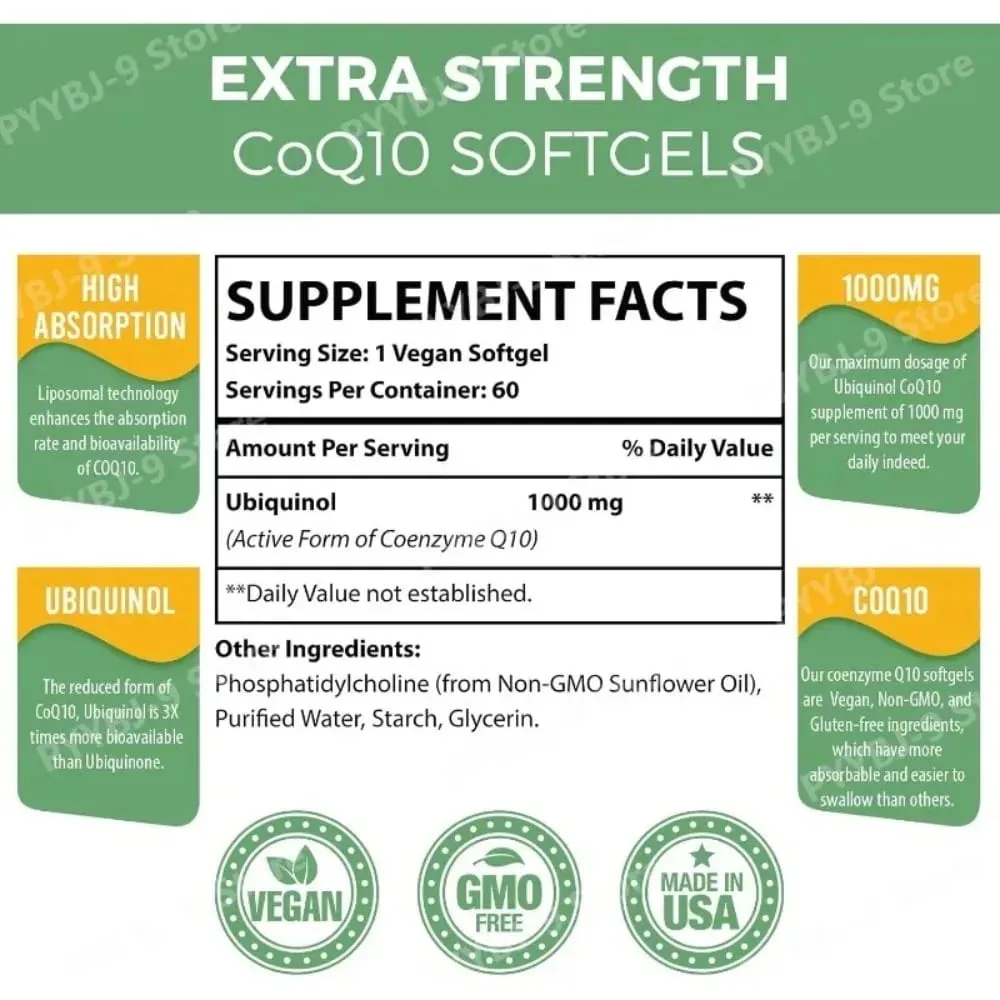 CoQ10 Ubiquinol 1000MgมังสวิรัติSoftgels 60 Ct LiposomalการดูดซึมสูงCoenzyme Q10สำหรับหัวใจEnergyสารต้านอนุมูลอิสระทุกวันสนับสนุน
