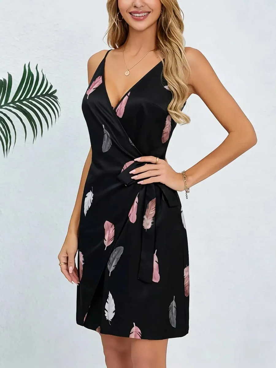 Mini Dress Spring Summer Women Black Satin Feather Print Spaghetti Strap Deep V Wrap Belted Casual Sexy Vacation Dress