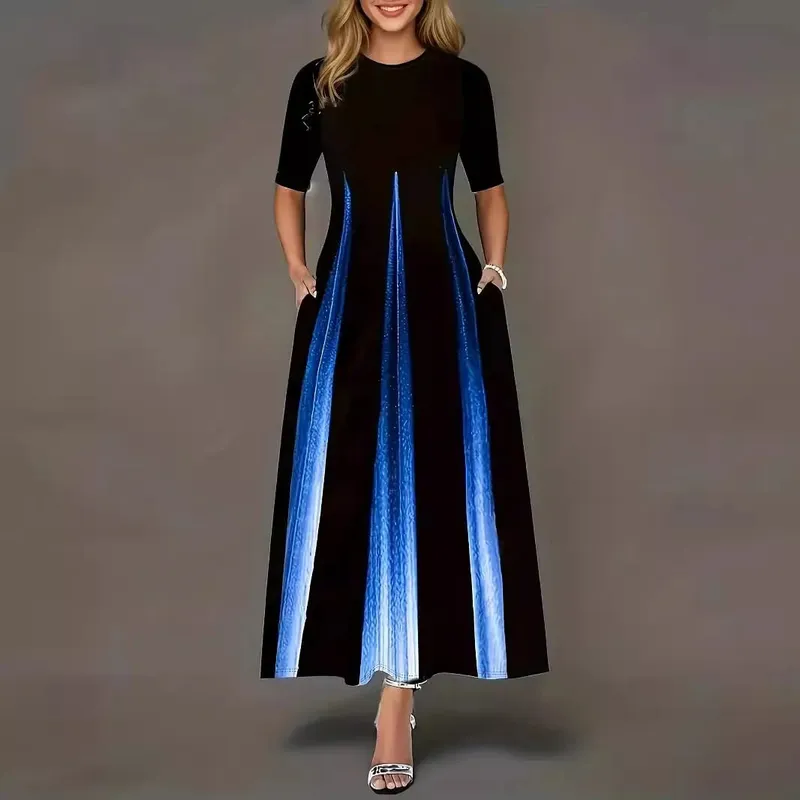 Summer new gradient vertical print dress with round neck loose sleeves slimming temperament long skirt — image 3