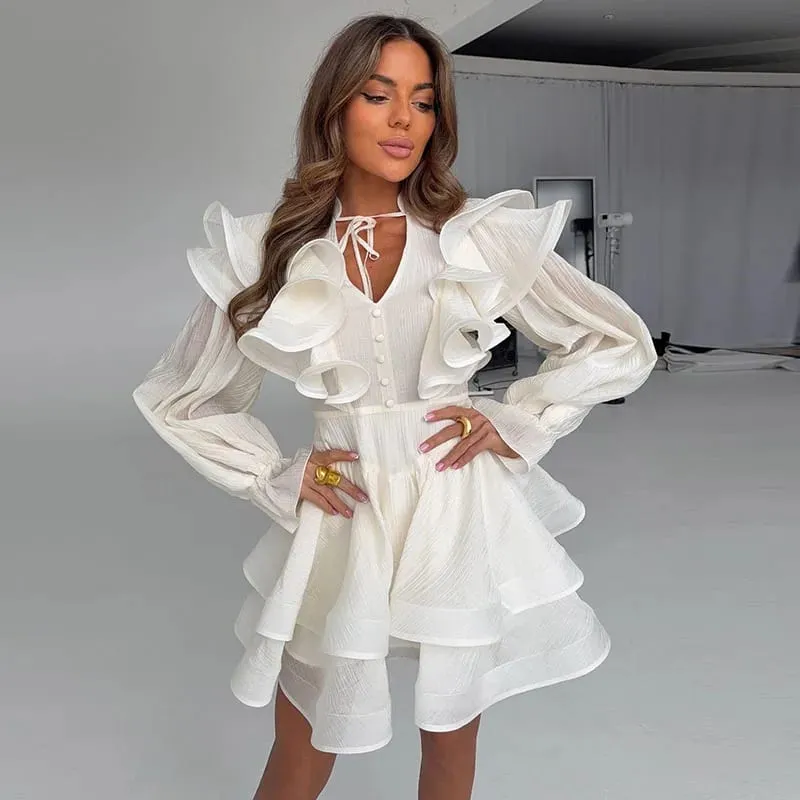 Women Solid Color Ruffle Tiered Mini Dress Long Sleeve V Neck Chiffon Fashion Dresses 2026 Summer Elegant Lady Party Chic Outfit