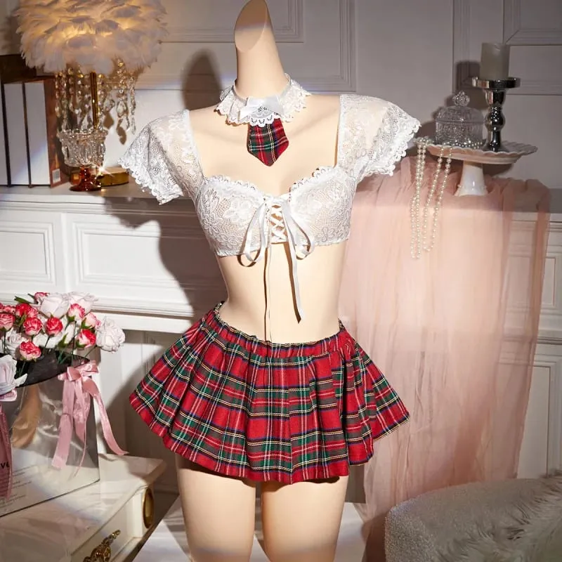 4 Pieces Westerns Sexy Laces Plaid Mini Skirt Bow Tie Role Play For Women Female Ladies Charming Alluring Attractive Erotic Ling