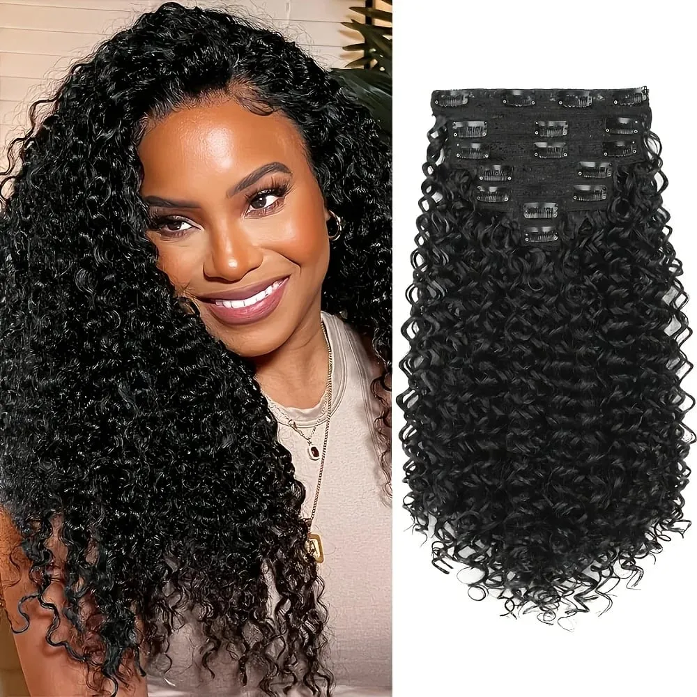 7pcs Clip In Curly Hair Extensions Suitable for Women - 50.8 cm Deep Wave Synthetic Hair with Clips Heat Resistant Fiber