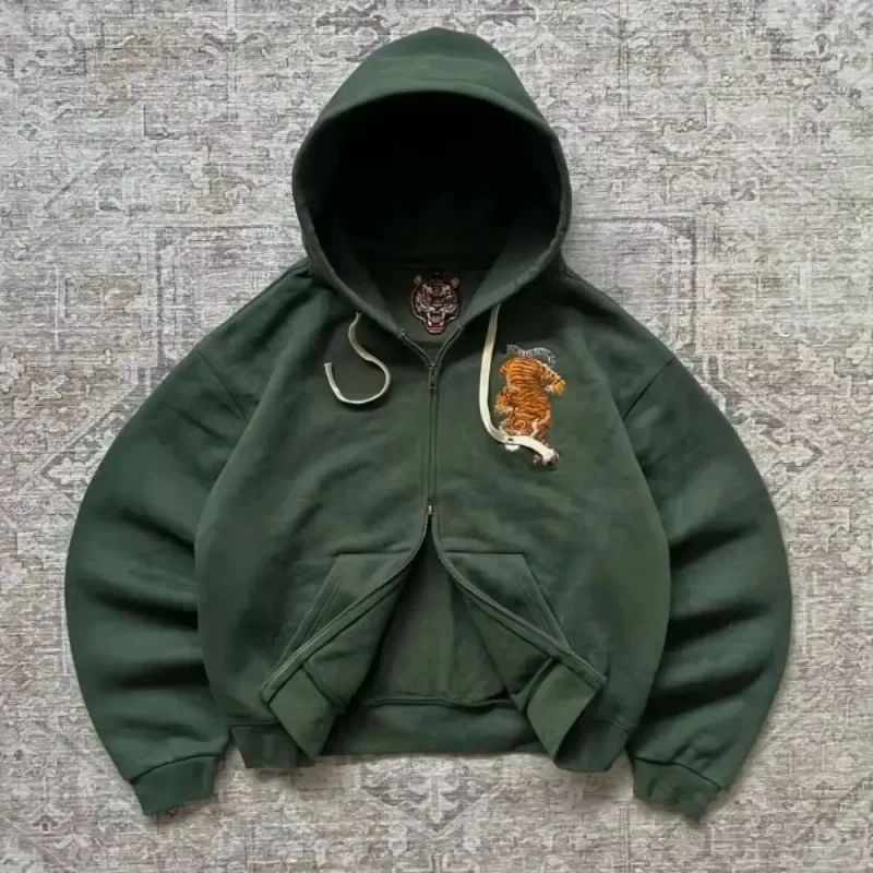 Y2k Men Women Casual Tiger Embroidery Hoodie Oversized Zip Up Sweatshirts Long Sleeve With Kangaroo Pocket Olive Green Clothes — image 6