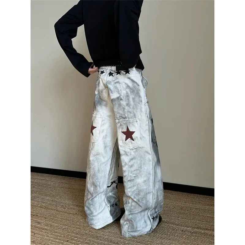 2026 New Retro Graffiti Printed White Baggy Jeans For Men High Street Straight Wide Leg Denim Pants Hip Hop Graphic Y2K Jean — image 10