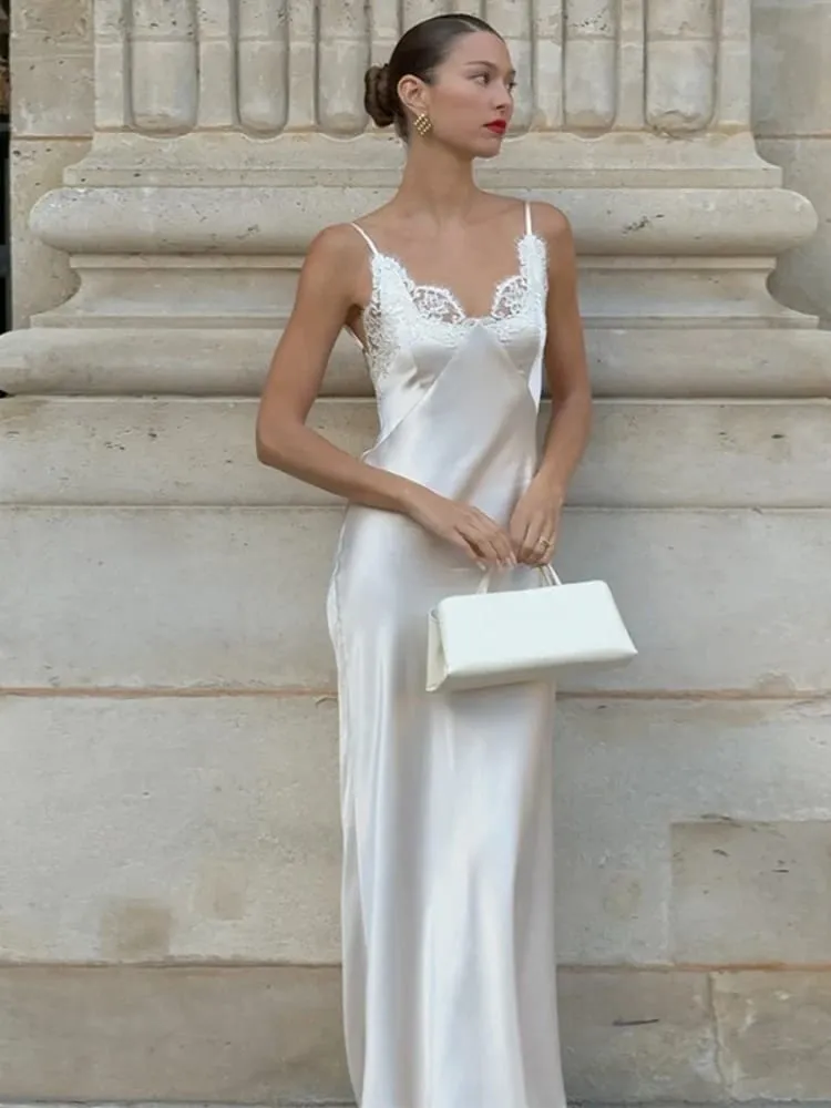 Women V-neck Satin Sling Maxi Dress Sexy White Lace Patchwork Sleeveless Backless Slim Gowns 2026 Evening Party Chic Dresses New — image 5
