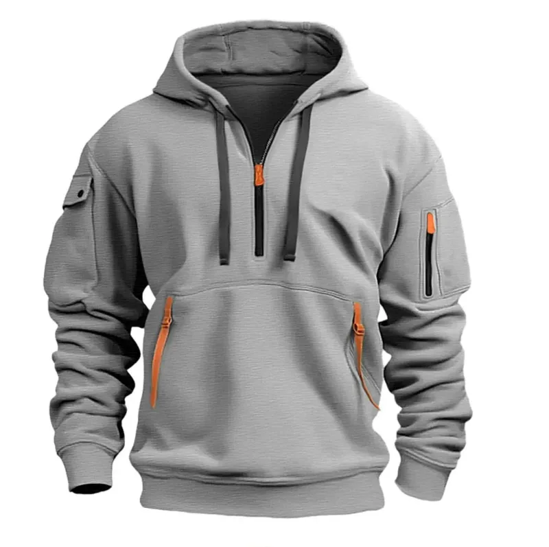 Men's Spring Autumn Hooded Sweatshirt Zip Multi Pocket Pullover Casual Sports Jacket Fashion Trendy Hoodie Top for Men Street