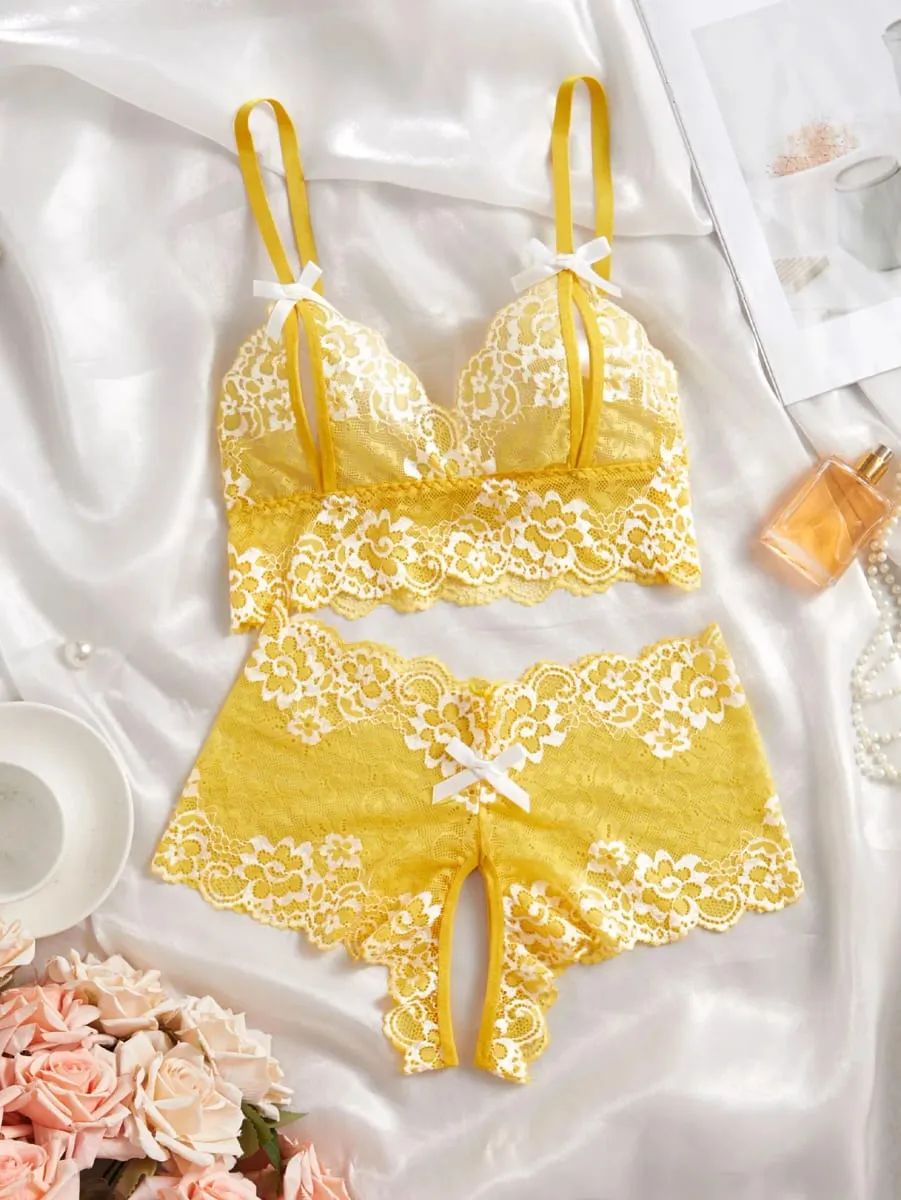 Sexy Lingerie Set Women Lace Bra And Panty See Through Floral Embroidery Bralette Transparent Erotic Underwear Bow Nightwear — image 7