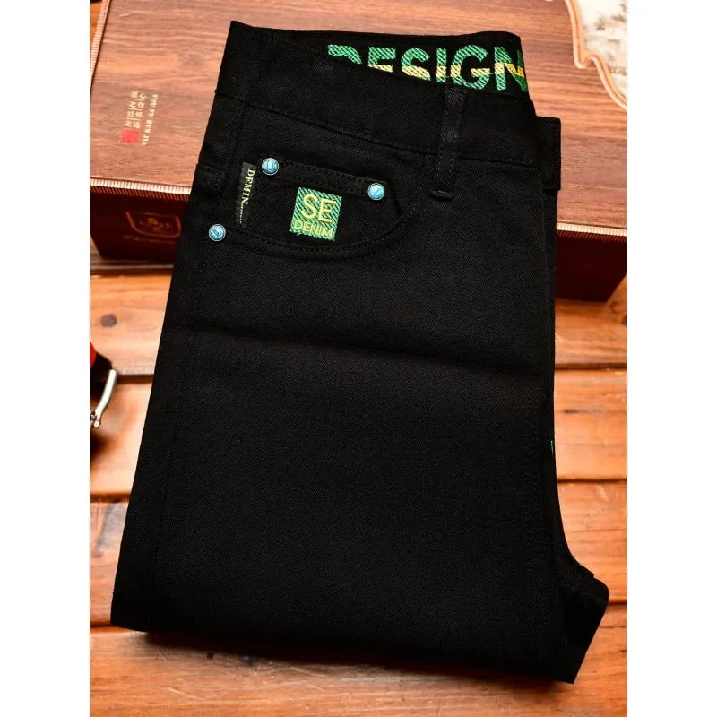 2025Autumn Fashion Simple Black Jeans for Men Trendy Embroidery Print Design Korean Style Stretch Slim Fit Skinny Pants — image 1