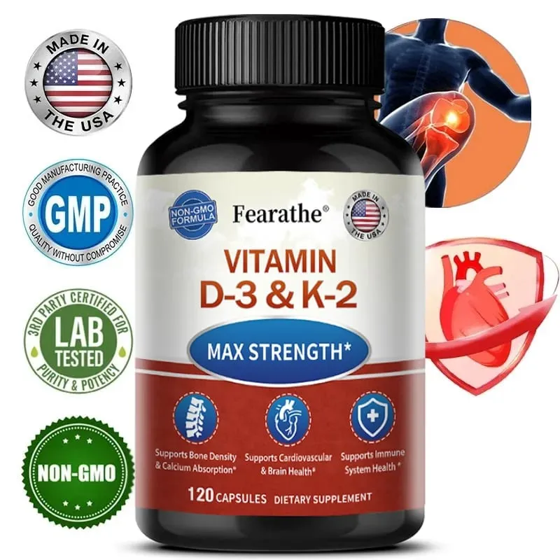 Vitamin D3 & K2 MK-7 Capsules Support Bone Teeth Joint Cardiovascular & Immune System Health Boost Calcium Absorption