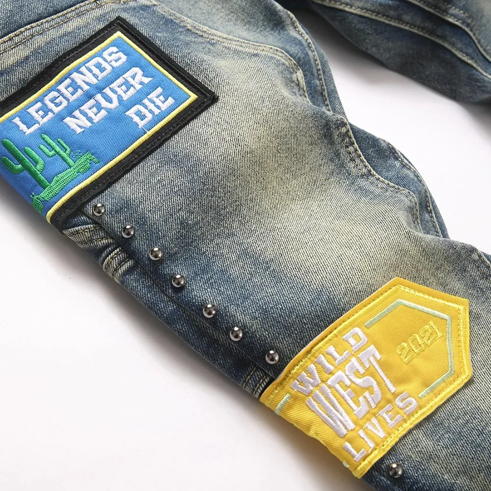 Men's Badge Patch Boot Cut Jeans Rivet Vintage Retro Blue Stretch Denim Pants Streetwear Slim Flared Trousers — image 4