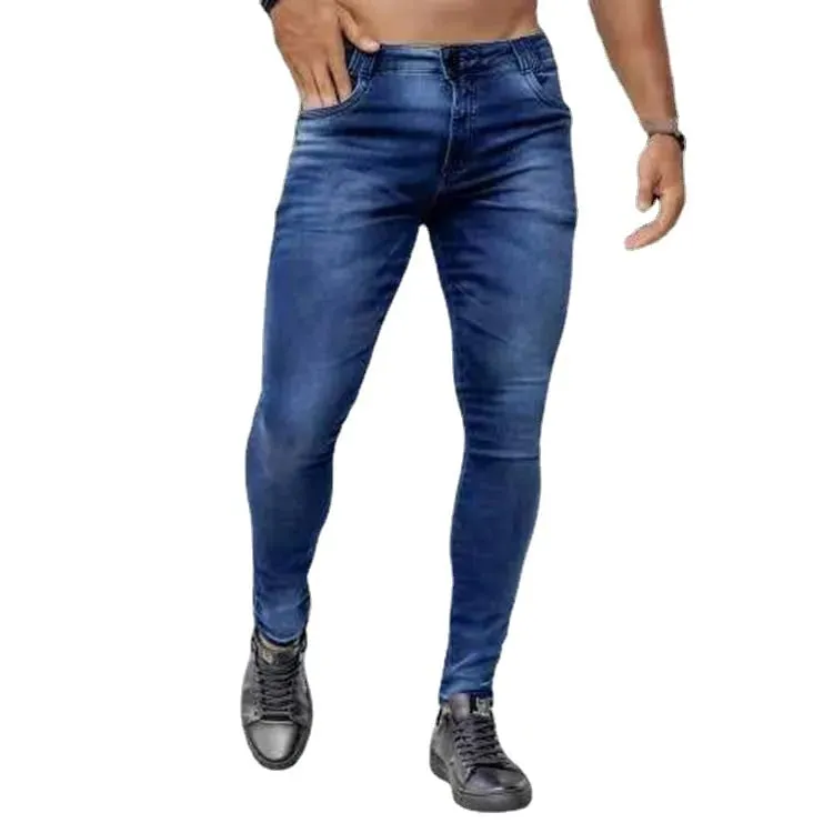 Men High Waist Skinny Jeans Stretch Pencil Pants Solid Color Ins Trendy Street Slim Fit Denim Trousers Male Casual Pants — image 6