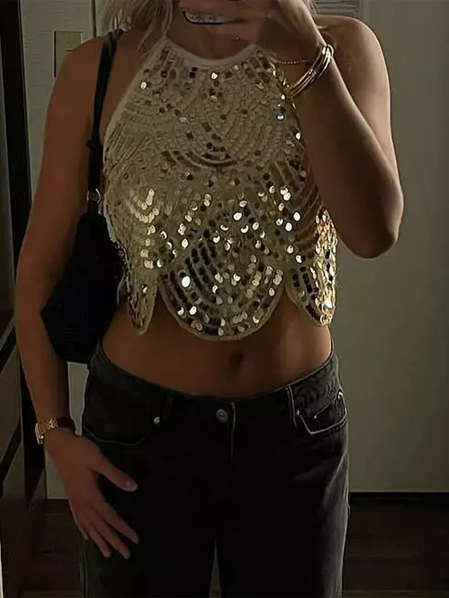 Canotta sexy da donna con paillettes allacciata alla caviglia, allacciatura senza schienale, top corto sexy scintillante senza maniche, top da festa con glitter Clubwear — image 5