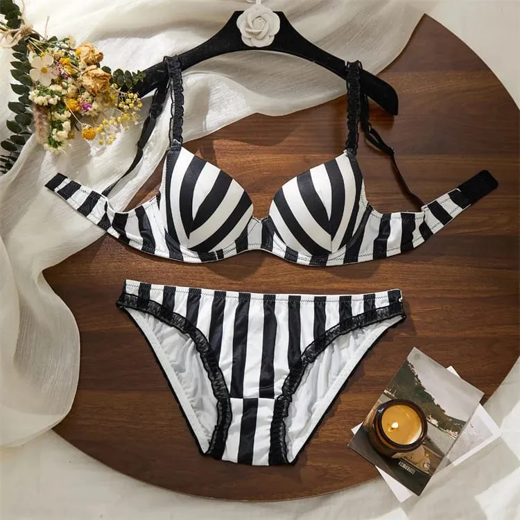 Sexy Lingerie Black and White Stripes Lingeries Set Steels Ring Push Up Bra Underwear Set Elegant Intimate Lingerie for Woman