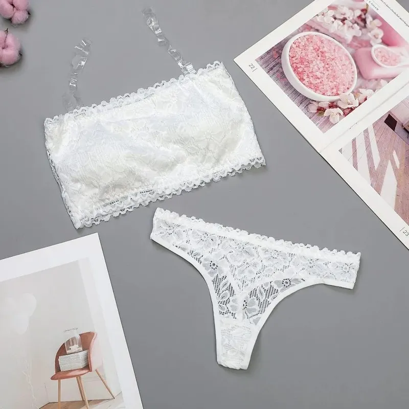 Lace Sheer Flower Thong Bra Set Invisible Straps Embroidery Floral Panties Bra Kit Transparent Lingerie Underwear for Women — image 8