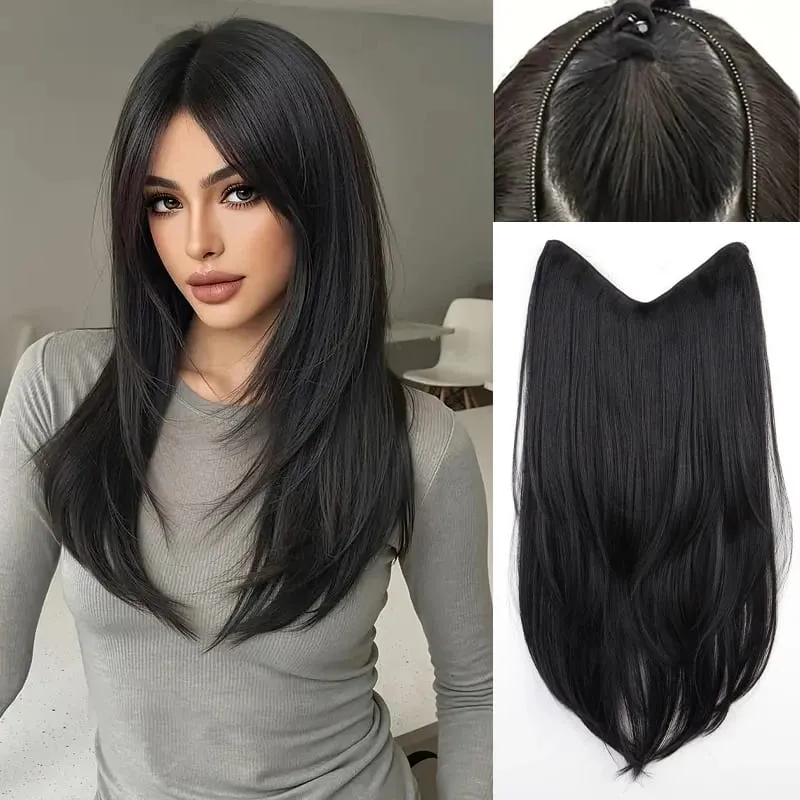 22Inch Synthetic V-Shaped Long Straight Layered Hair Extension Fluffy Increase Natural Invisible Hairpiece Wig for Women