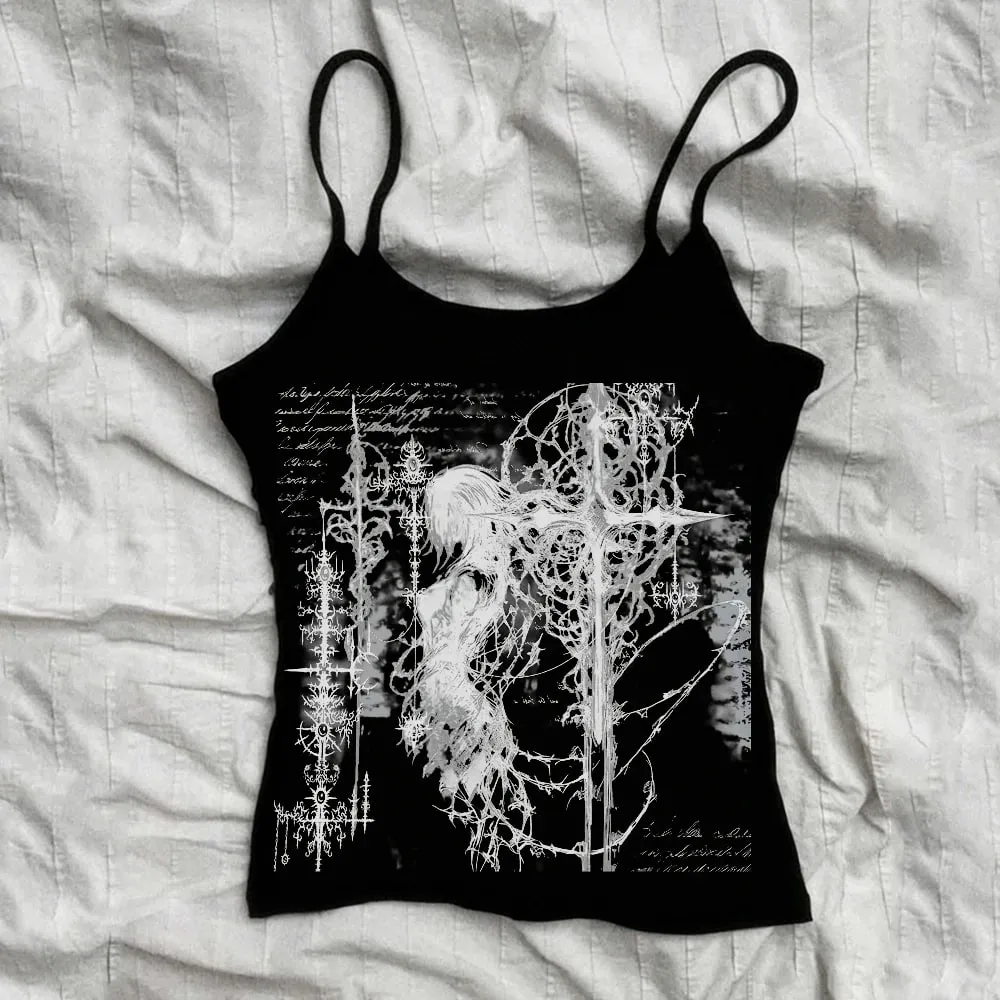 2000s Y2k Tops With Suspenders Aesthetic Women's Blouses Goth Clothes Tanks & Camis Crop Top Women Emo 90s Vintage Clothes Woman