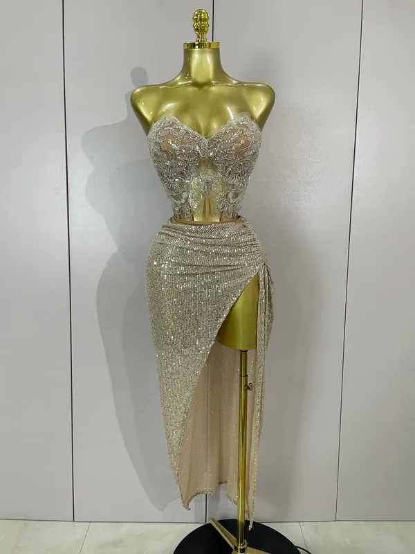 Sparkly Sequin Beading Sexy Strapless Two Pieces Set Women Evening Celebrate Nightclub Party Luxury Birthday Dress Stage Costume