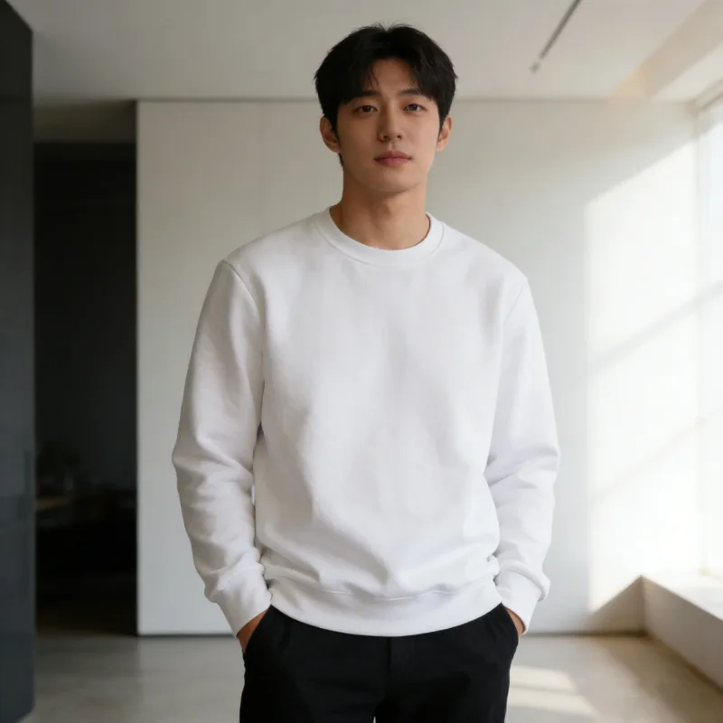 Korean Fashion Men's Round Neck Sweatshirts Autumn Long Sleeves Vacation Pullovers Tops Casual Popular Man Solid Sweat Shirts — image 2