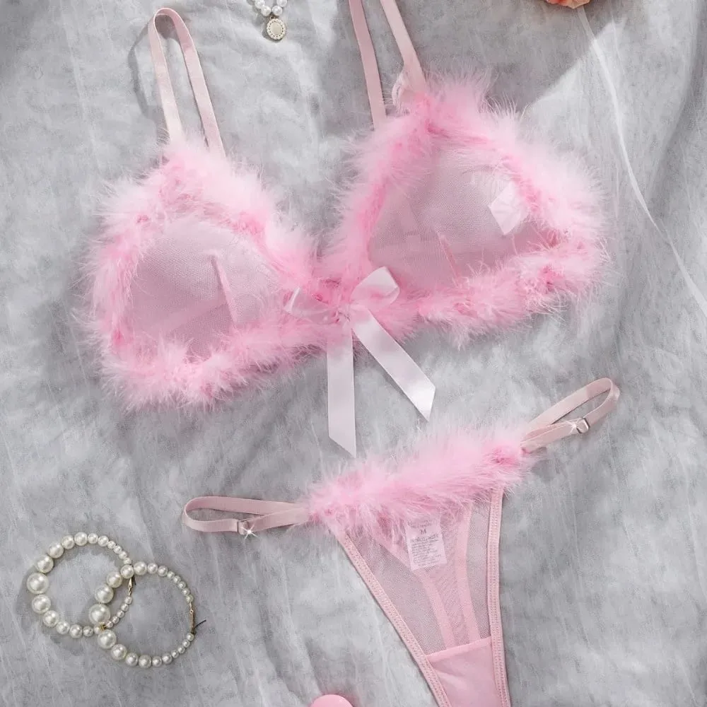 Furry Women's Underwear Wireless Mesh Transparent Lingerie Set Romantic Intimate Bow Decor Bra Panties Suit Valentine's Day — image 4