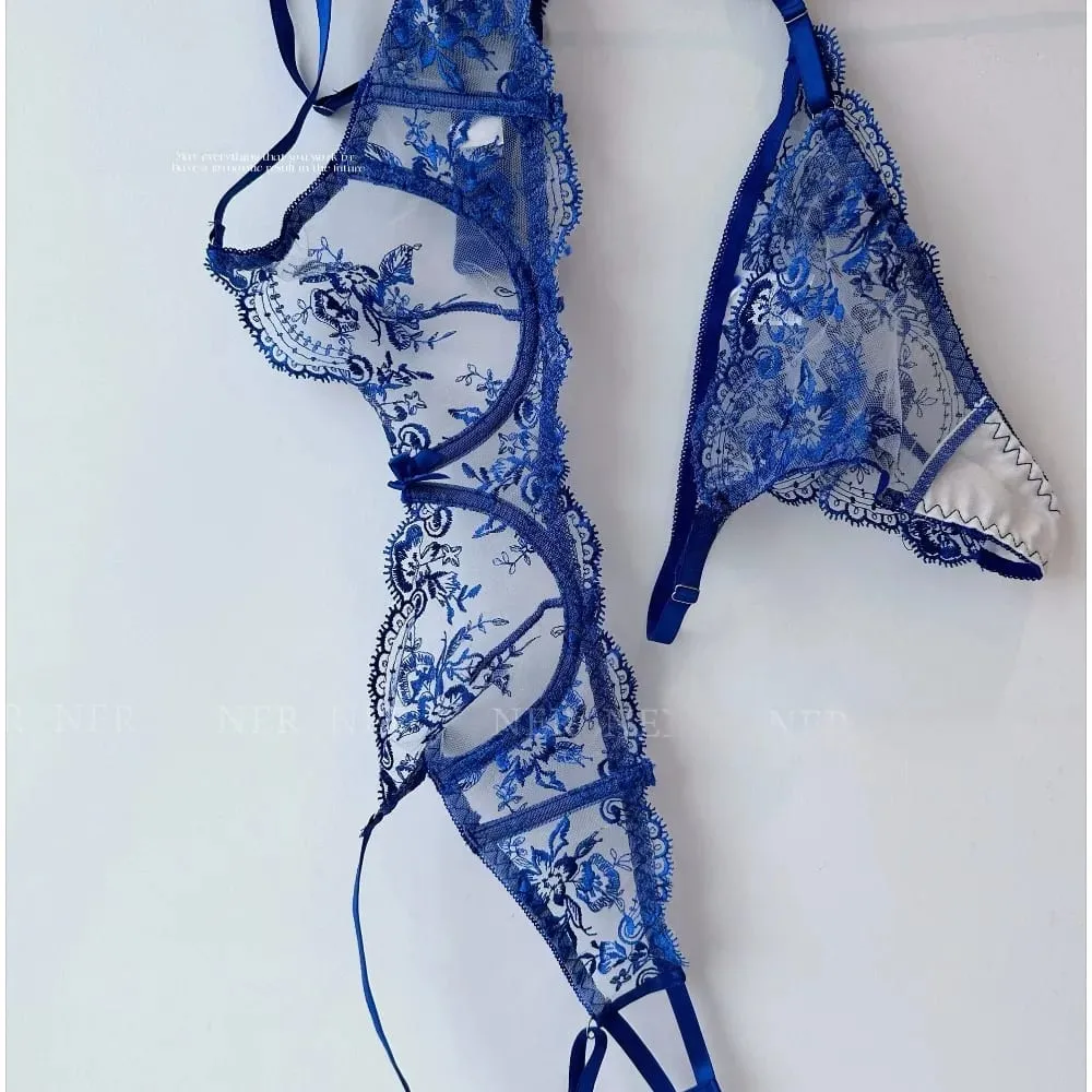 Sexy Transparent Lace Bra French Embroidery Thin Push‑Up Gather Bra For Men Crossdresser Sheer Lingerie Underwear — image 1