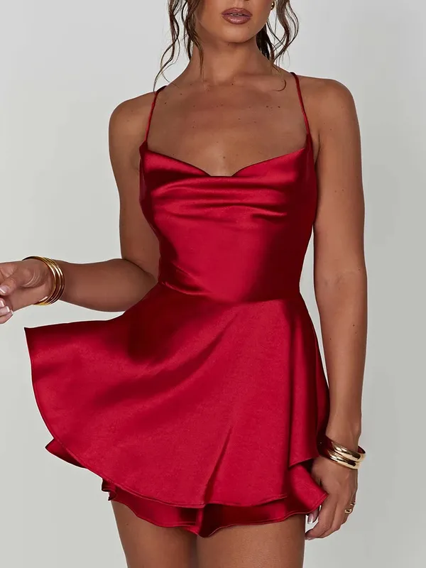 Satin Seide Frauen Sexy Cami Playsuits Kleid Solide Wasserfallausschnitt Ärmellose Kurze Overalls Sommer Kreuz Tie-Up Backless Strampler — image 6