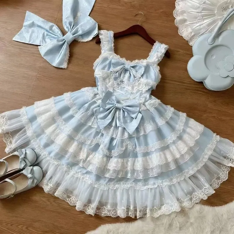 Lolita Kawaii Y2k Long Sleeve Strap Dress Japanese Knee-Length Women Elegant Lace Bow Patchwork Ball Gown Sweet All Season — image 3