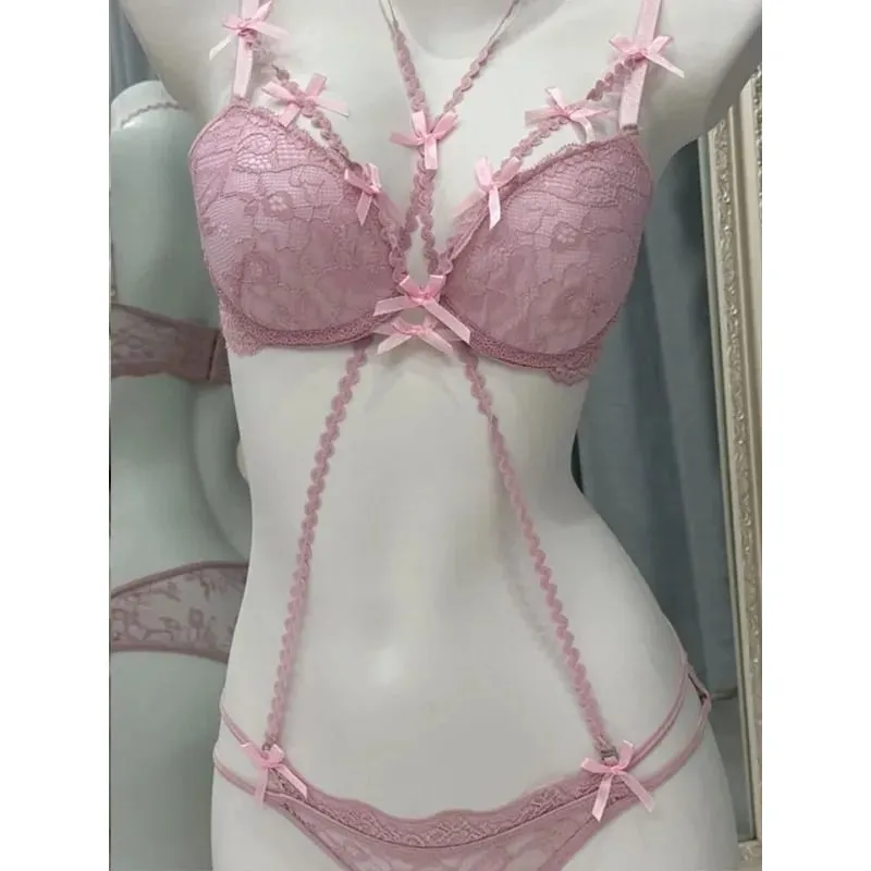 Boho Layered Lace Halter Bra Set - Hollow Out Bow Design Top Inner Red Lace Up Bra Summer Beach Two Piece Lingerie Set MOYISU — image 2