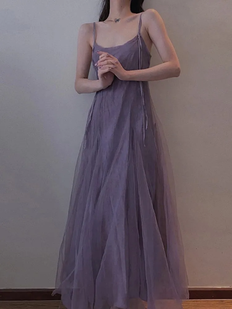Slimming Effect Purple Mesh Ankle-Length Dress with Strap for plus Size Women Conceals Belly A-Line Gown Korean Style Commute...