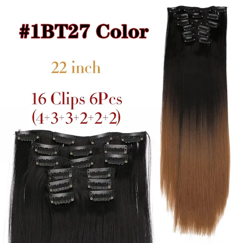 22 Inches Synthetic Long Straight Hairstyle 16 Clips 6Pcs/Set Hair Extensions Blonde Black Hairpieces Heat Resistant For Women