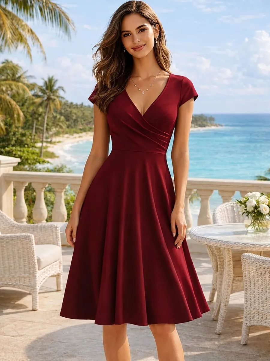 Women's Elegant Round Neck Summer Short Sleeve Solid A-Line Knee-length Dress High Waist Swagger Party Wedding Casual Departure — image 2