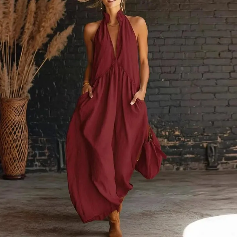 Summer Women Elegant Dress V Neck Sleeveless Pocket Loose Street Style Long Dresses For Women Casual Beach Holiday Maxi Dress — image 2