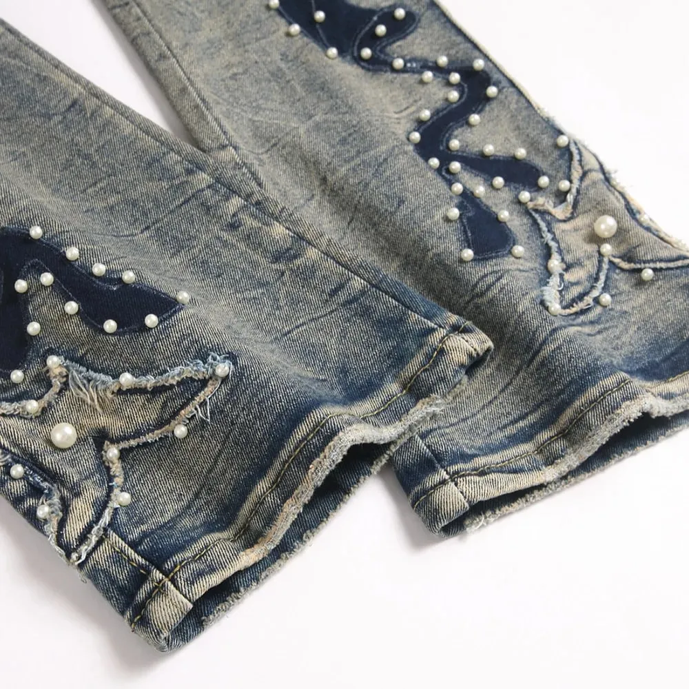 Men's Pearl Boot Cut Denim Jeans Embroidery Patch Slim Flared Pants Casual Streetwear Vintage Blue Trousers — image 5