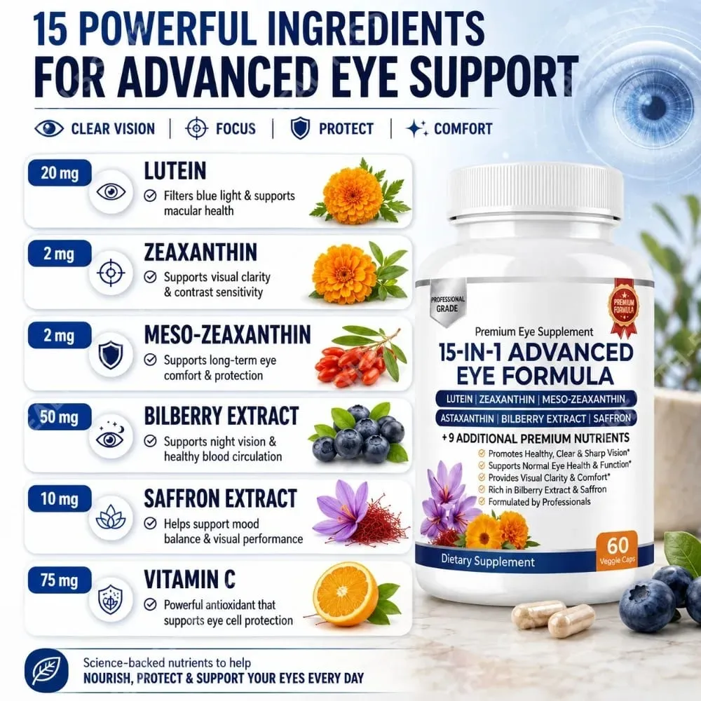 Lutein Zeaxanthin Astaxanthin Capsules with Bilberry Saffron Daily Eye Nutrition Supplement for Adults 60 Veg Capsules — image 2